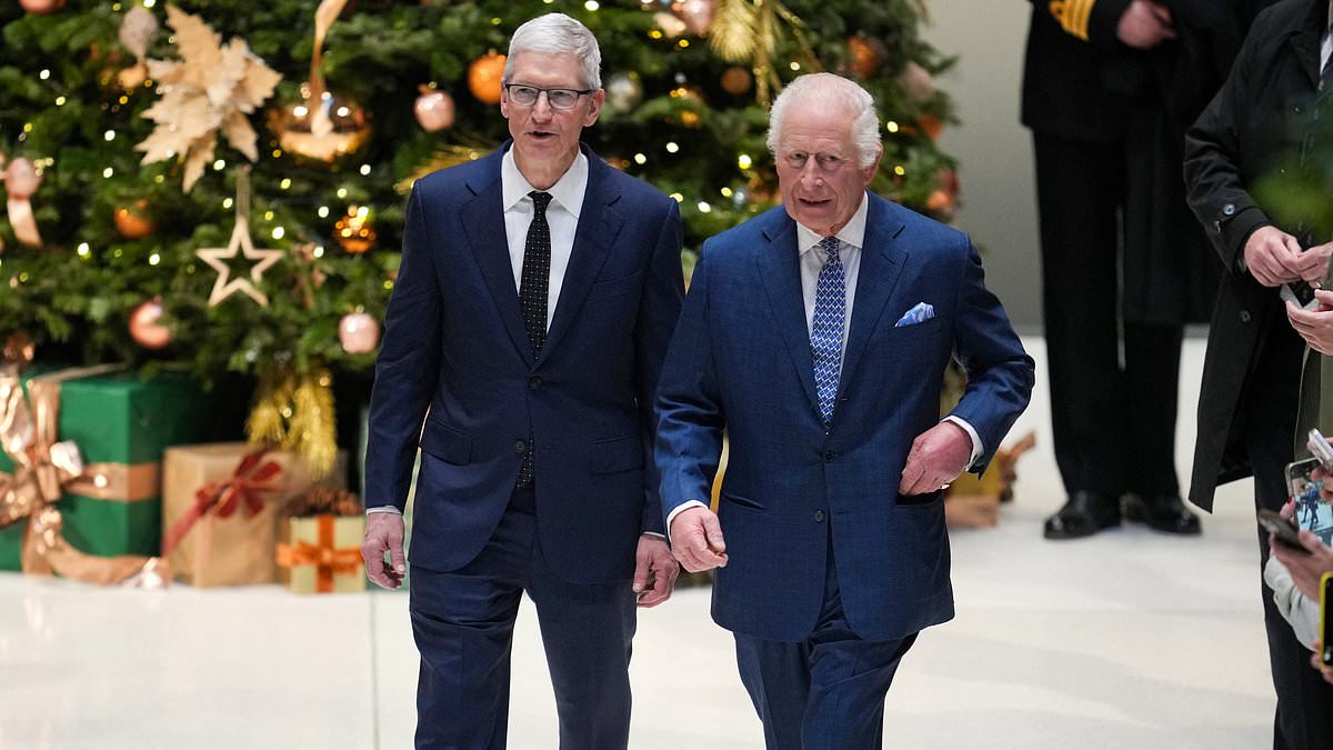 King Charles joins Apple CEO Tim Cook to browse the Christmas markets at Battersea Power Station as they team up to help young people with digital skills [Video]